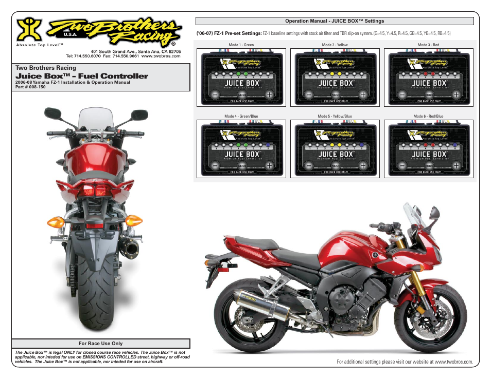 Juice box™ - fuel controller, Two brothers racing | Two Brothers Racing Yamaha FZ-1 User Manual | Page 3 / 3
