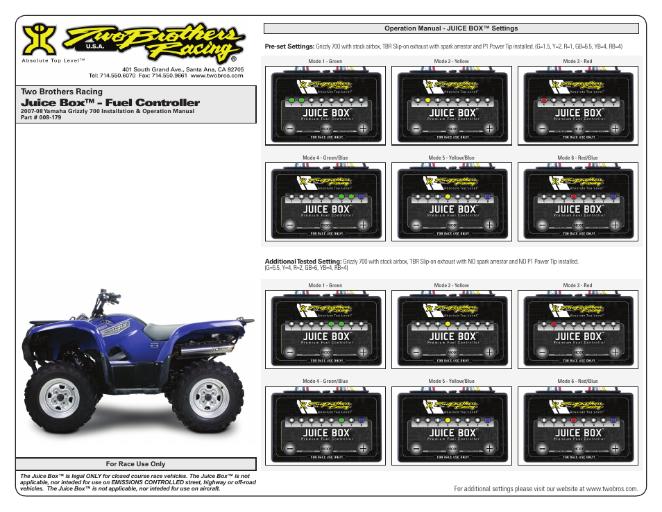 Juice box™ - fuel controller, Two brothers racing | Two Brothers Racing Yamaha Grizzly 700 User Manual | Page 3 / 3