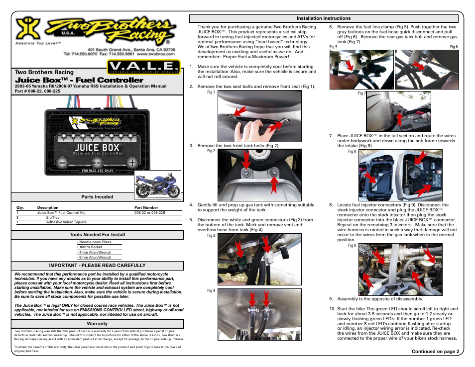 Two Brothers Racing Yamaha R6S User Manual | 3 pages