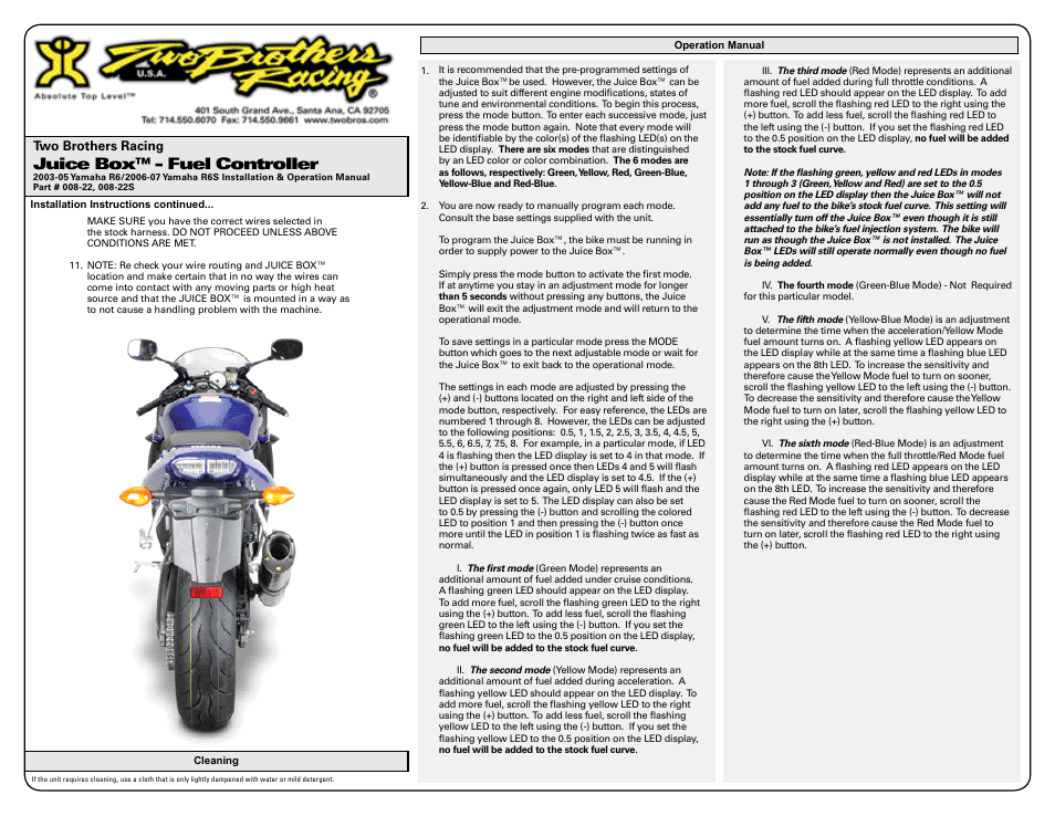 Juice box™ - fuel controller | Two Brothers Racing Yamaha R6S User Manual | Page 2 / 3