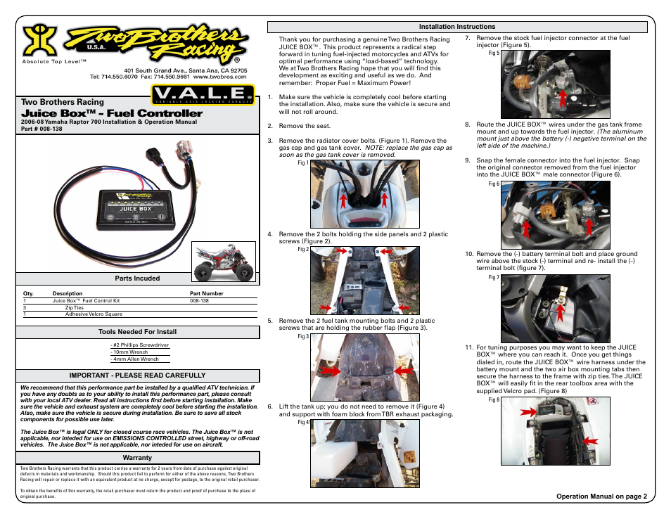 Two Brothers Racing Yamaha Raptor 700 User Manual | 3 pages