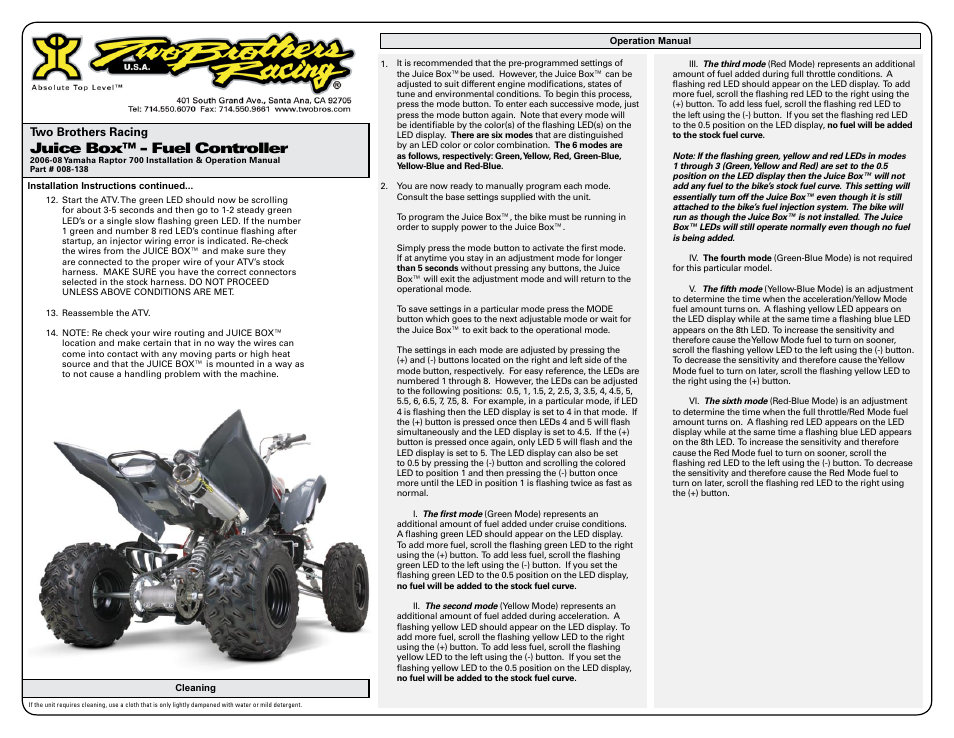 Juice box™ - fuel controller | Two Brothers Racing Yamaha Raptor 700 User Manual | Page 2 / 3