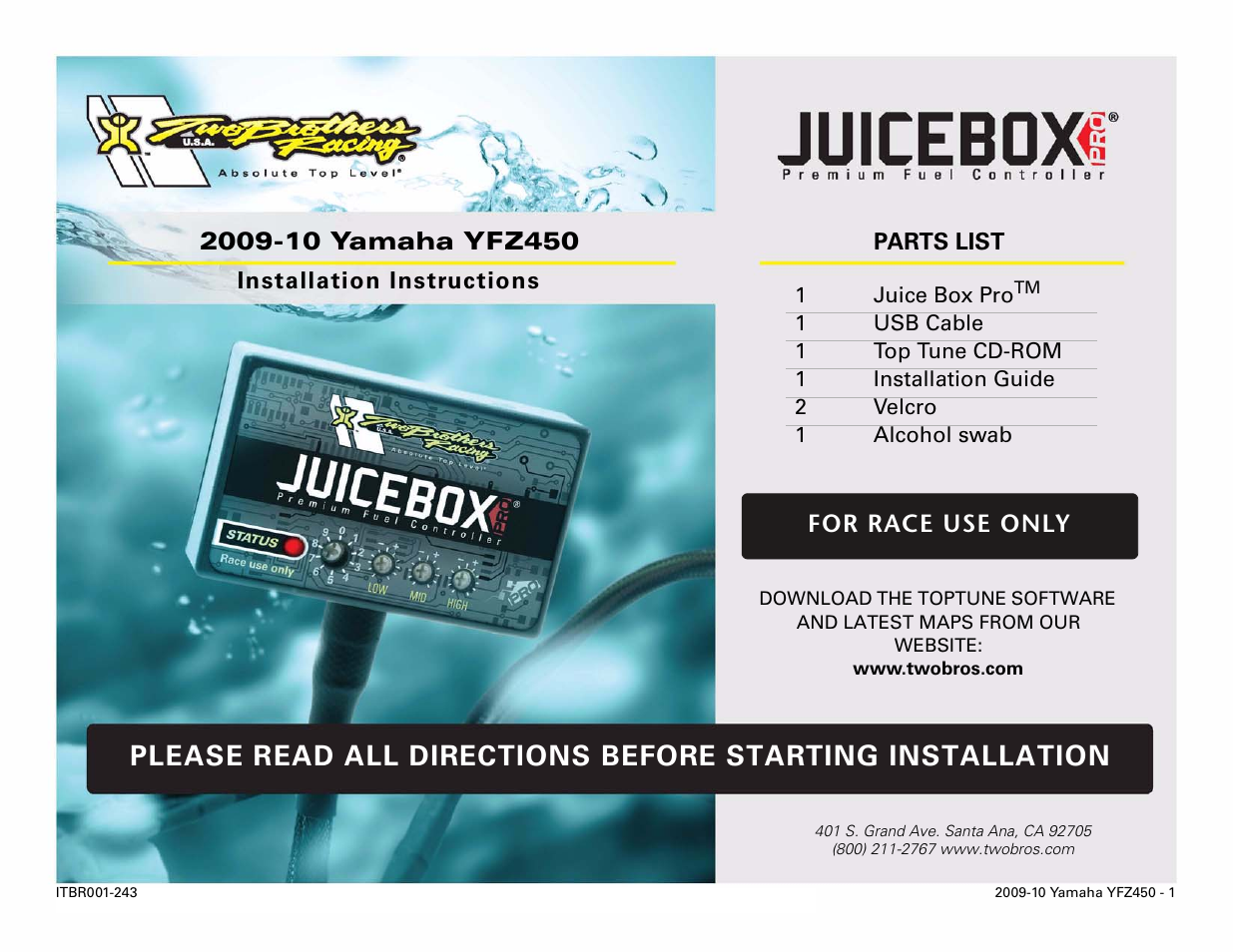 Two Brothers Racing Yamaha YFZ450 User Manual | 5 pages