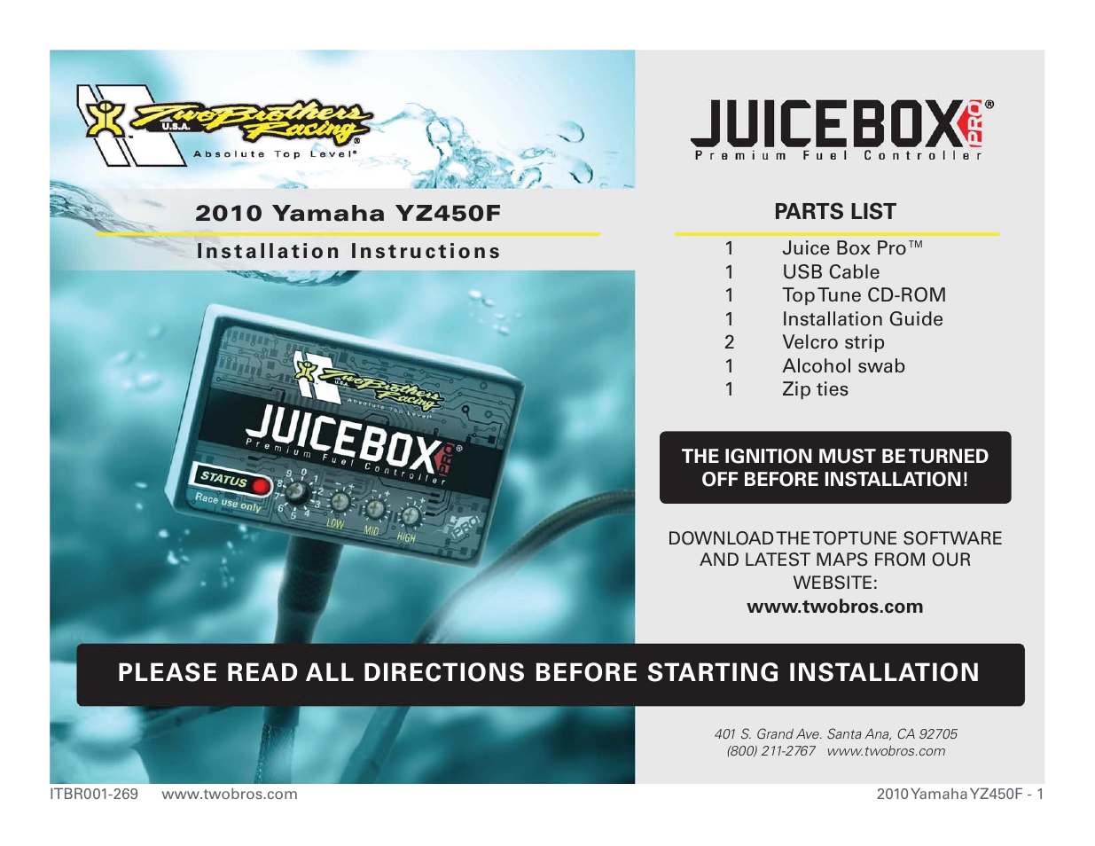 Two Brothers Racing Yamaha YZ450F User Manual | 5 pages