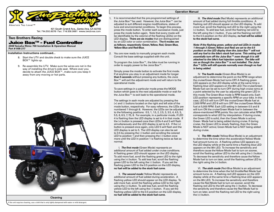 Juice box™ - fuel controller | Two Brothers Racing Yamaha Rhino 700 User Manual | Page 2 / 3