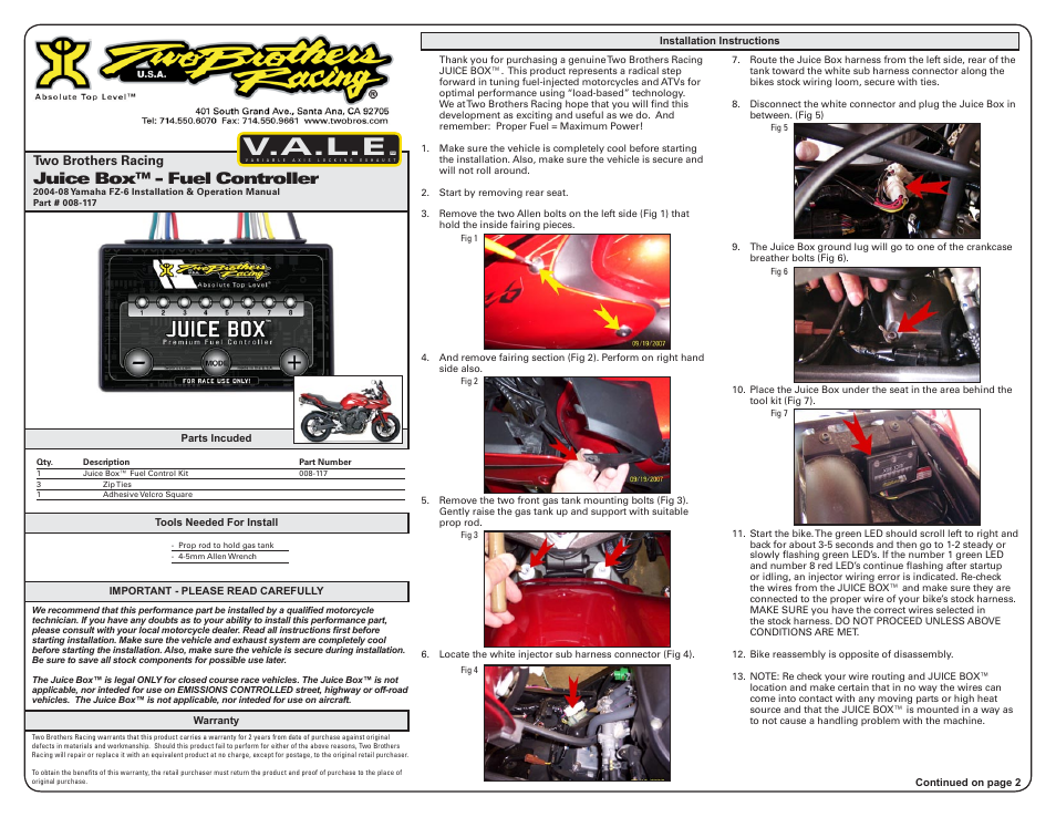 Two Brothers Racing Yamaha FZ-6 User Manual | 3 pages