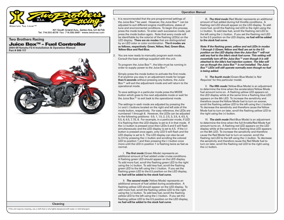 Juice box™ - fuel controller | Two Brothers Racing Yamaha FZ-6 User Manual | Page 2 / 3