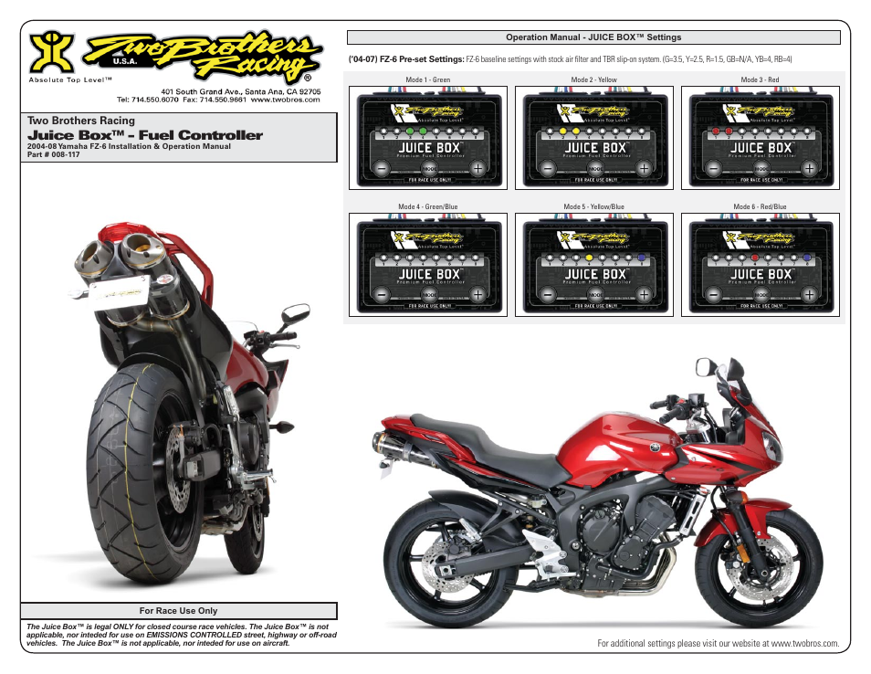 Juice box™ - fuel controller, Two brothers racing | Two Brothers Racing Yamaha FZ-6 User Manual | Page 3 / 3