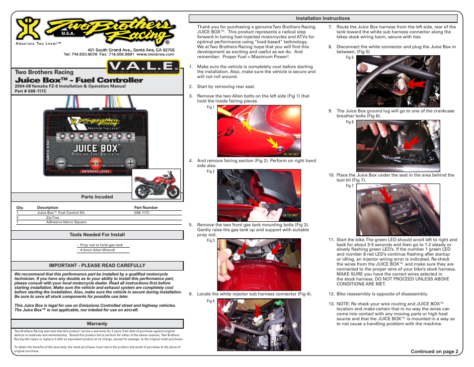 Two Brothers Racing Yamaha FZ-6 - CA Emissions Legal User Manual | 3 pages