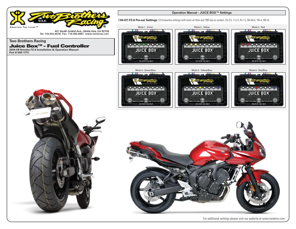 Juice box™ - fuel controller | Two Brothers Racing Yamaha FZ-6 - CA Emissions Legal User Manual | Page 3 / 3