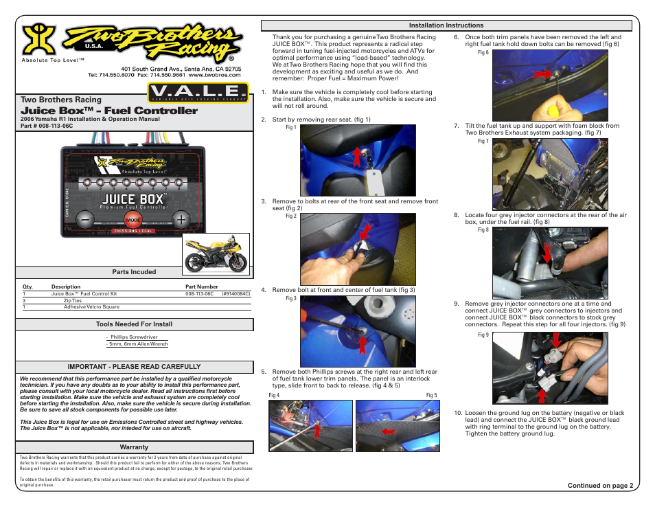 Two Brothers Racing 2006 Yamaha R1 User Manual | 3 pages