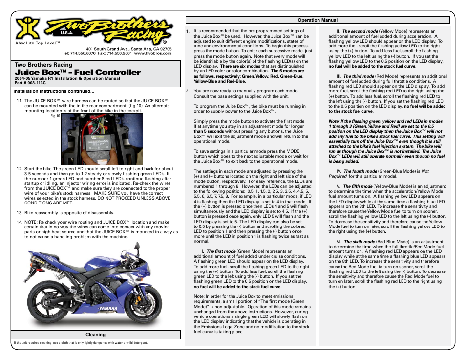 Juice box™ - fuel controller | Two Brothers Racing Yamaha R1 - CA Emissions Legal User Manual | Page 2 / 3