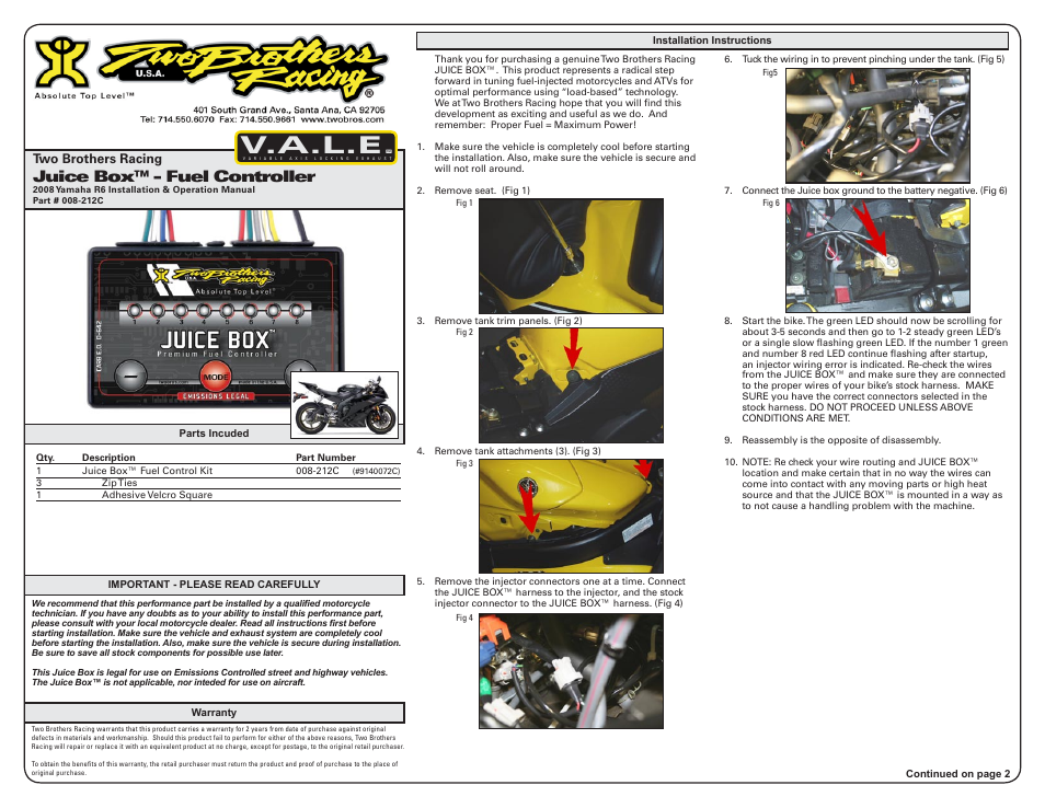 Two Brothers Racing Yamaha R6 - CA Emissions Legal User Manual | 3 pages