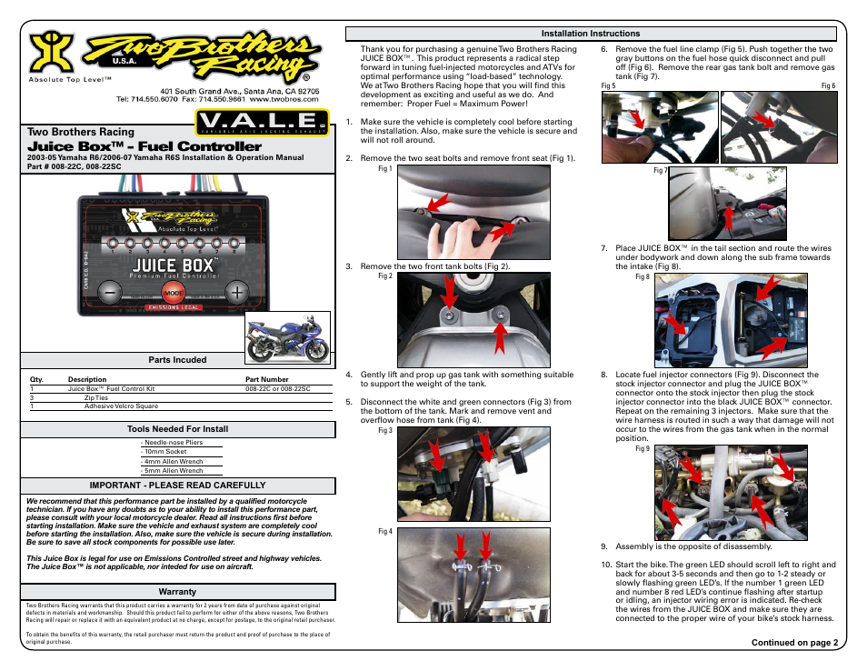 Two Brothers Racing Yamaha R6S - CA Emissions Legal User Manual | 3 pages