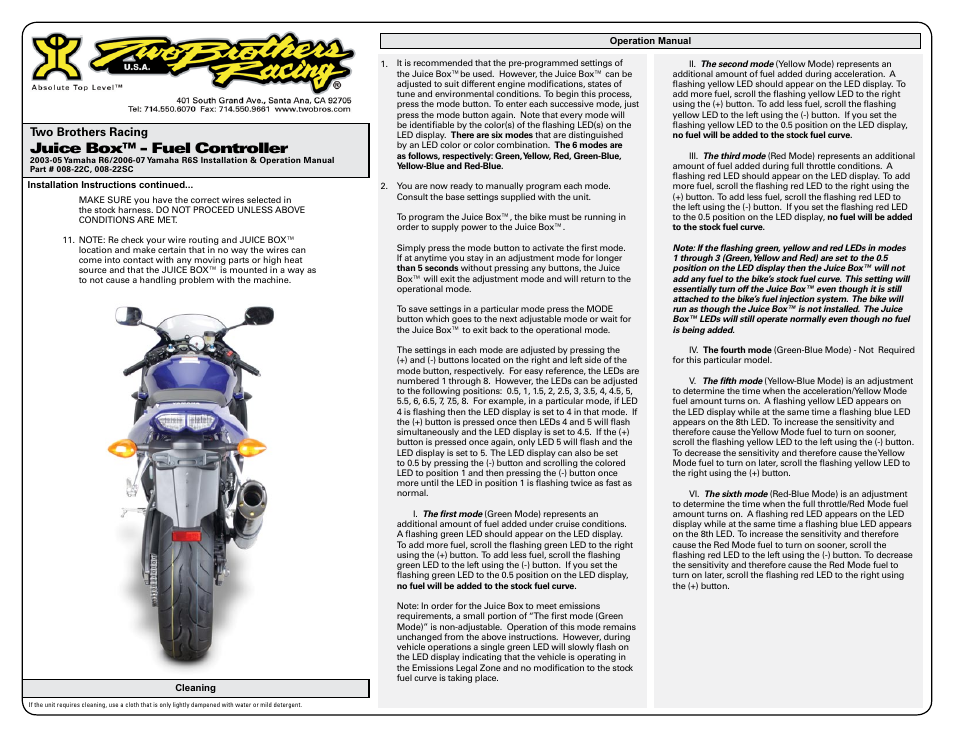 Juice box™ - fuel controller | Two Brothers Racing Yamaha R6S - CA Emissions Legal User Manual | Page 2 / 3