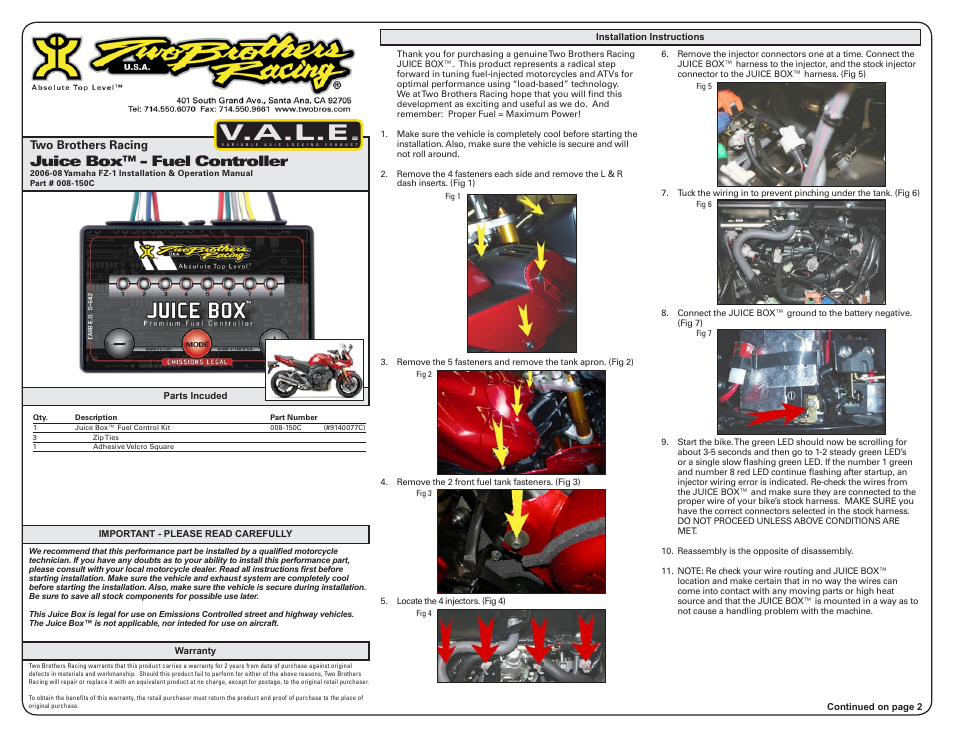 Two Brothers Racing Yamaha FZ-1 - CA Emissions Legal User Manual | 3 pages