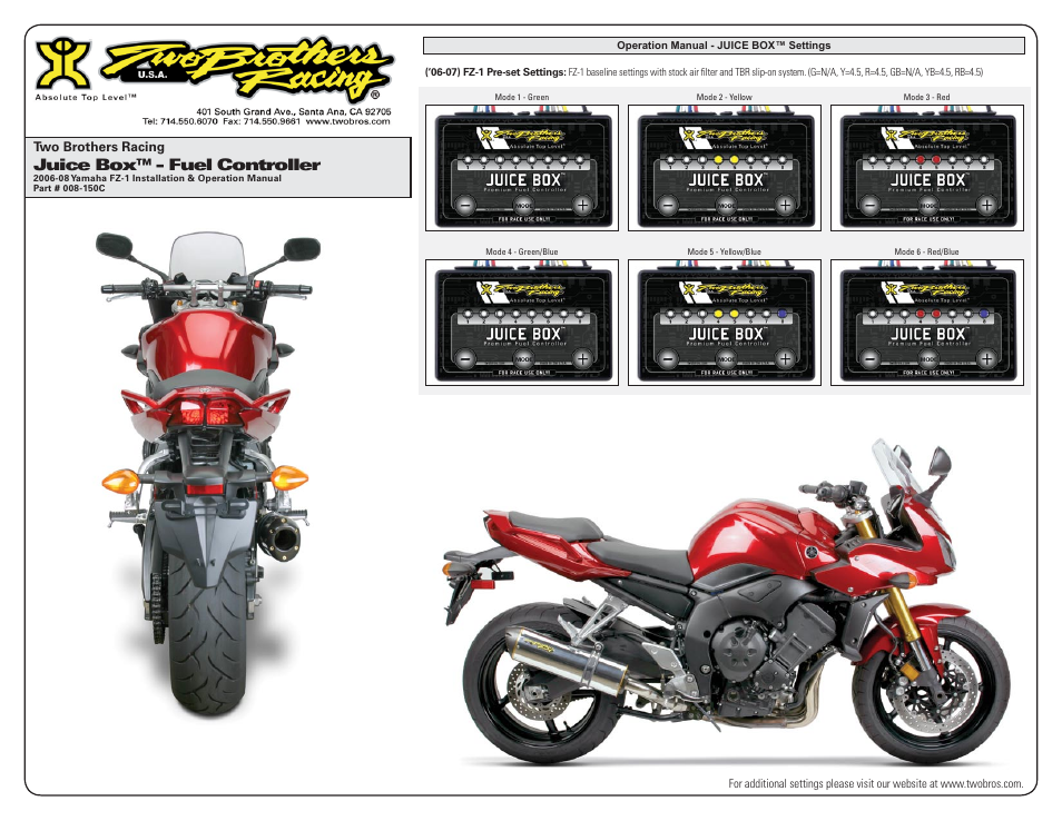 Juice box™ - fuel controller | Two Brothers Racing Yamaha FZ-1 - CA Emissions Legal User Manual | Page 3 / 3