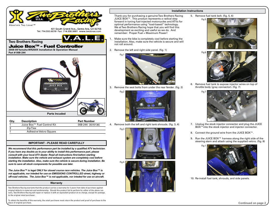 Two Brothers Racing Yamaha WR250X User Manual | 3 pages