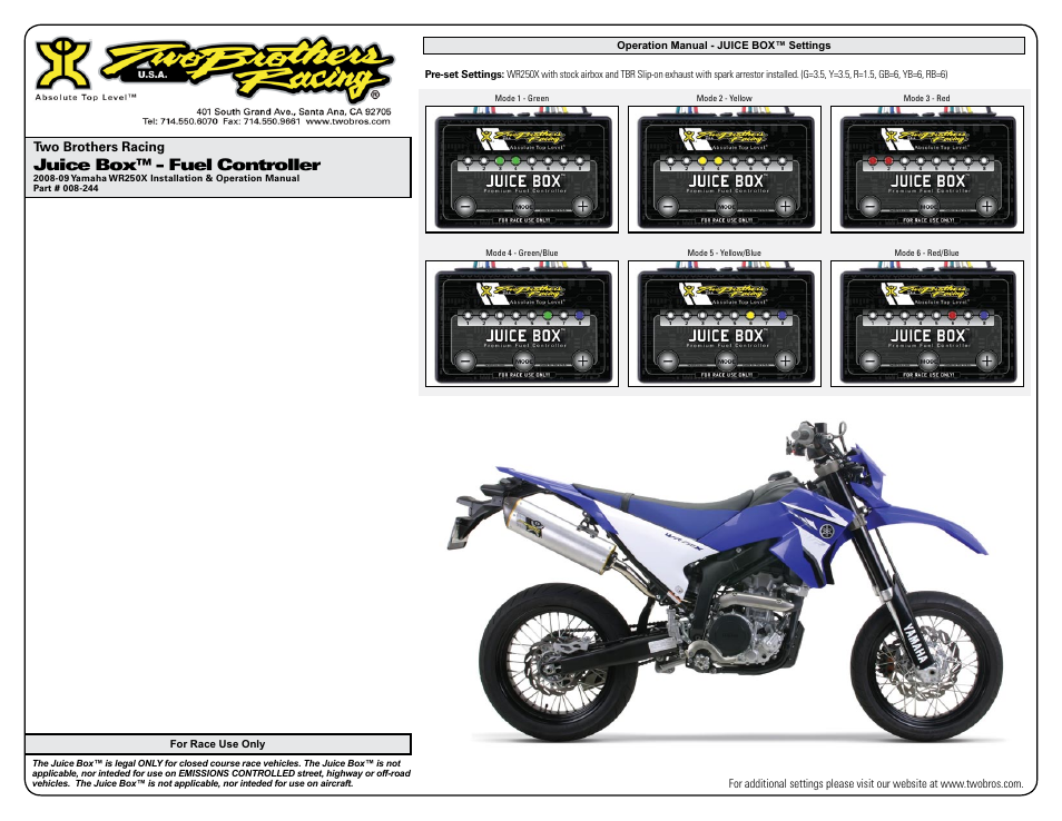 Juice box™ - fuel controller, Two brothers racing | Two Brothers Racing Yamaha WR250X User Manual | Page 3 / 3