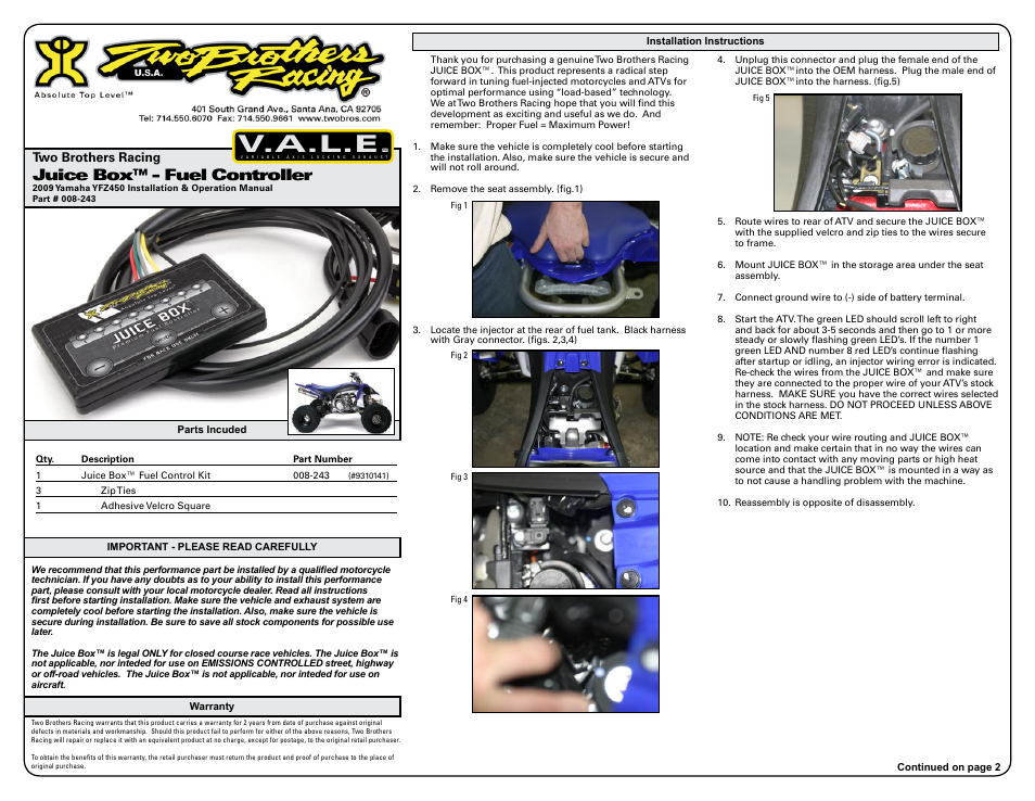 Two Brothers Racing Yamaha YFZ450R User Manual | 3 pages