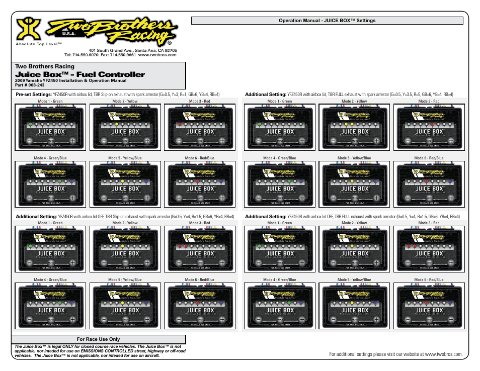 Juice box™ - fuel controller, Two brothers racing | Two Brothers Racing Yamaha YFZ450R User Manual | Page 3 / 3