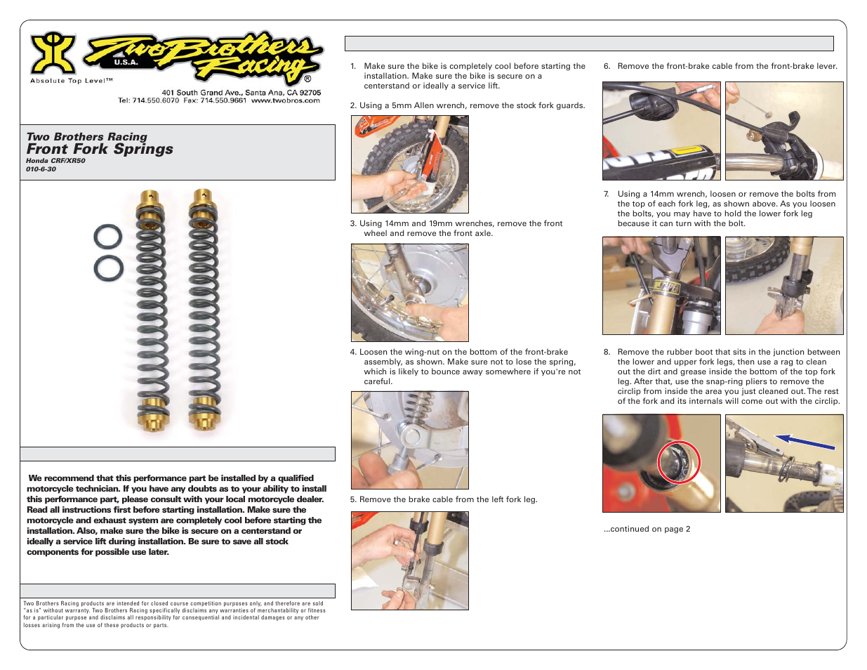 Two Brothers Racing Front Fork Springs Honda CRF/XR50 User Manual | 3 pages