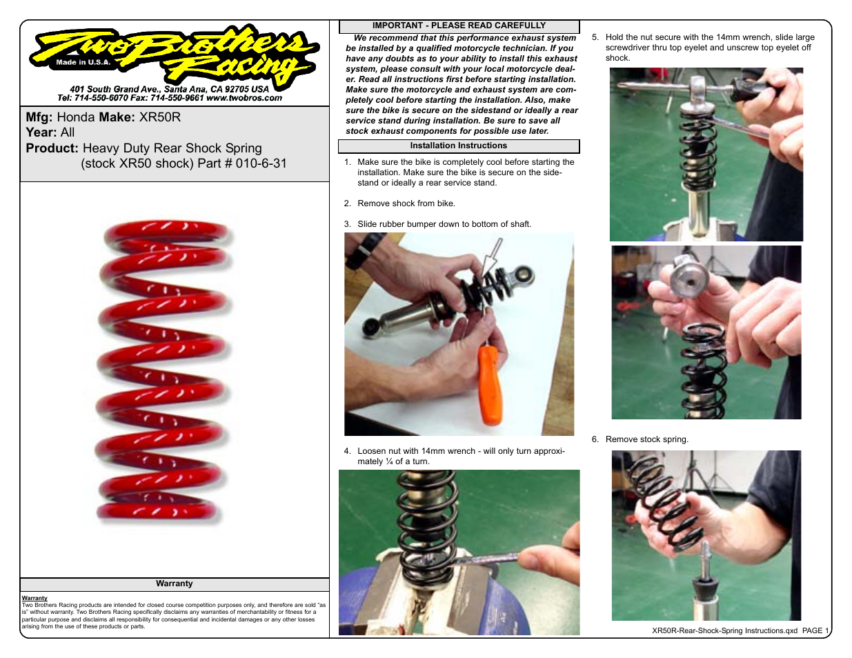 Two Brothers Racing Honda XR50R User Manual | 2 pages