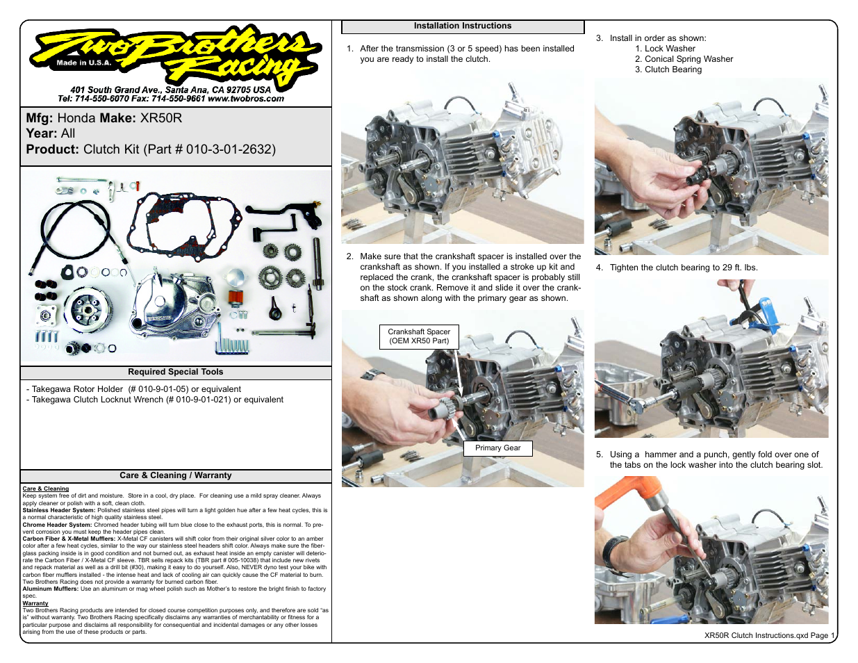 Two Brothers Racing Honda XR50R User Manual | 3 pages