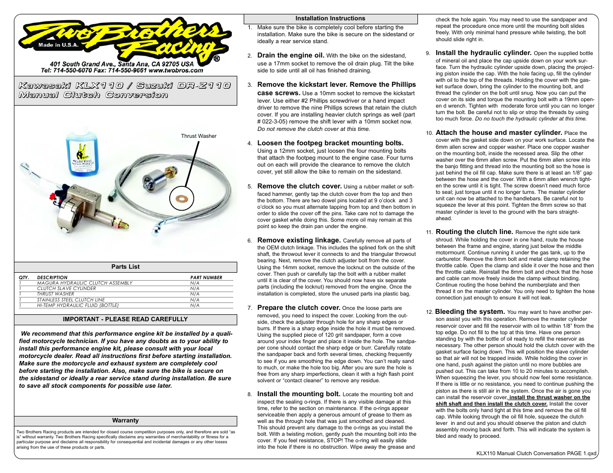 Two Brothers Racing Suzuki KLX110 User Manual | 2 pages