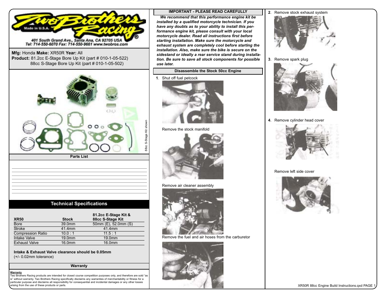 Two Brothers Racing Honda XR50R User Manual | 8 pages