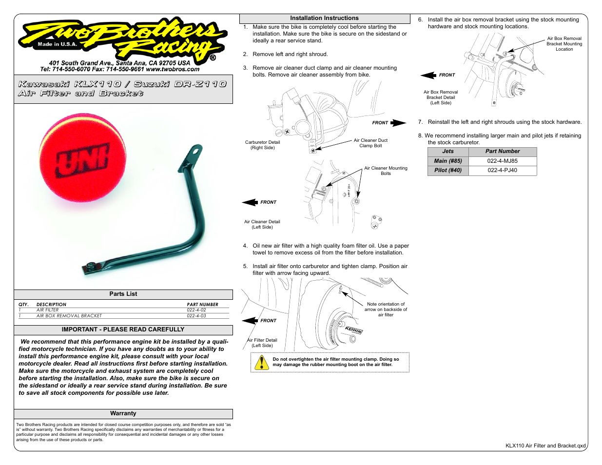Two Brothers Racing Suzuki KLX110 User Manual | 1 page
