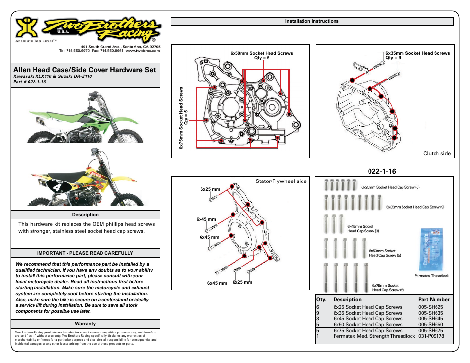 Two Brothers Racing Kawasaki DR-Z110 User Manual | 1 page