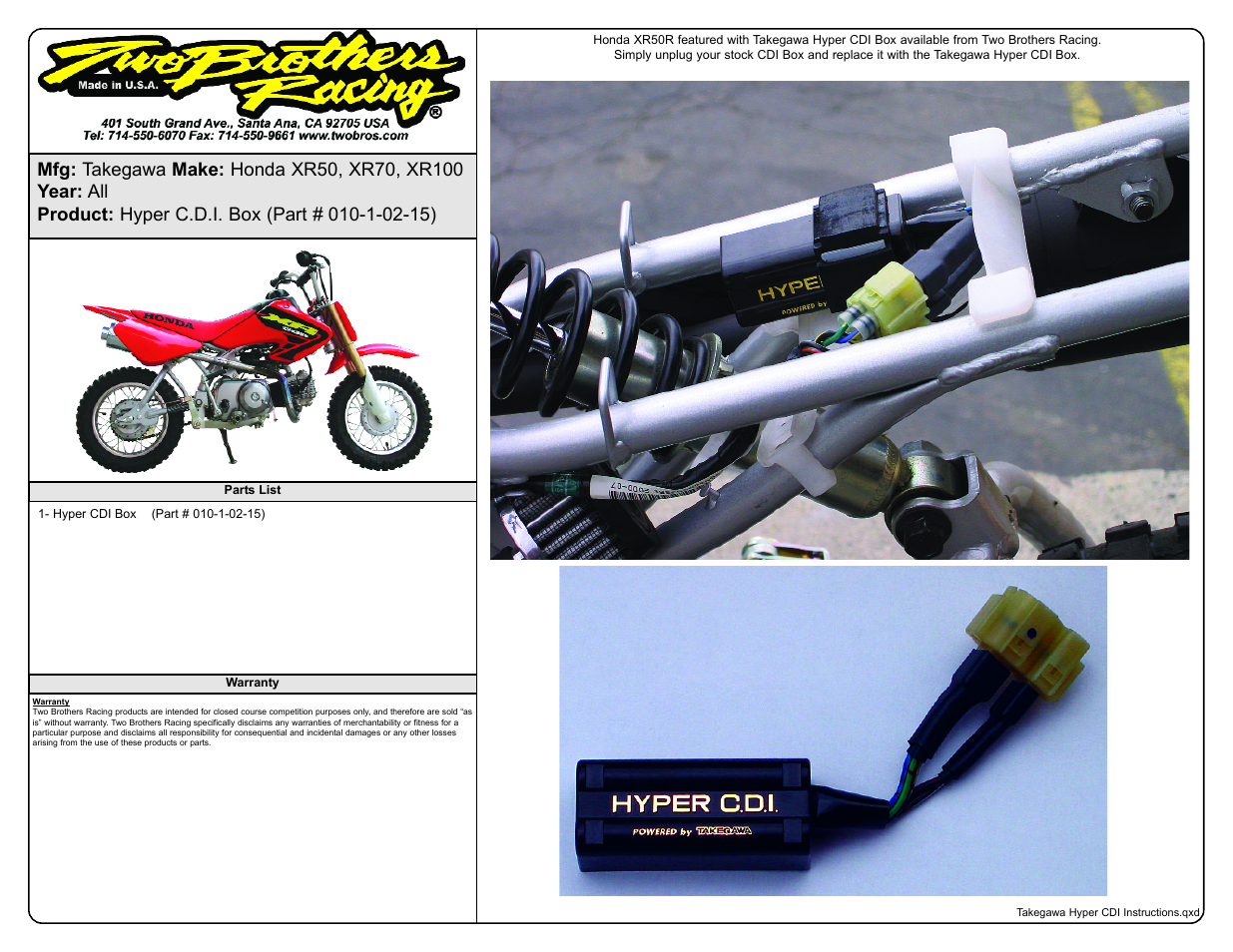 Two Brothers Racing Honda XR50R User Manual | 1 page