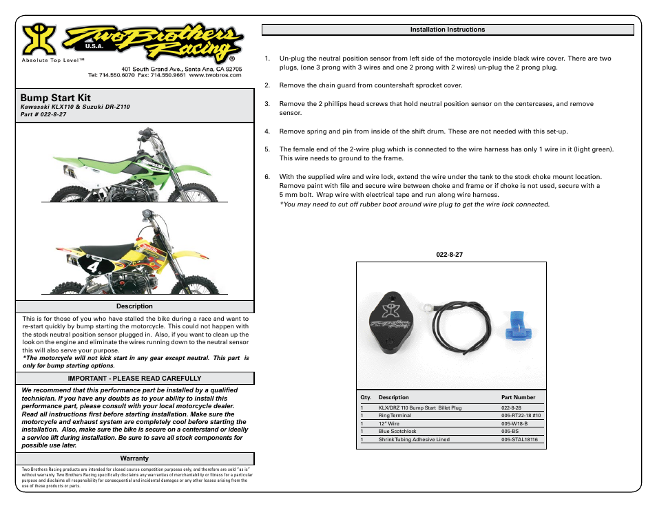 Two Brothers Racing Suzuki DR-Z110 User Manual | 1 page