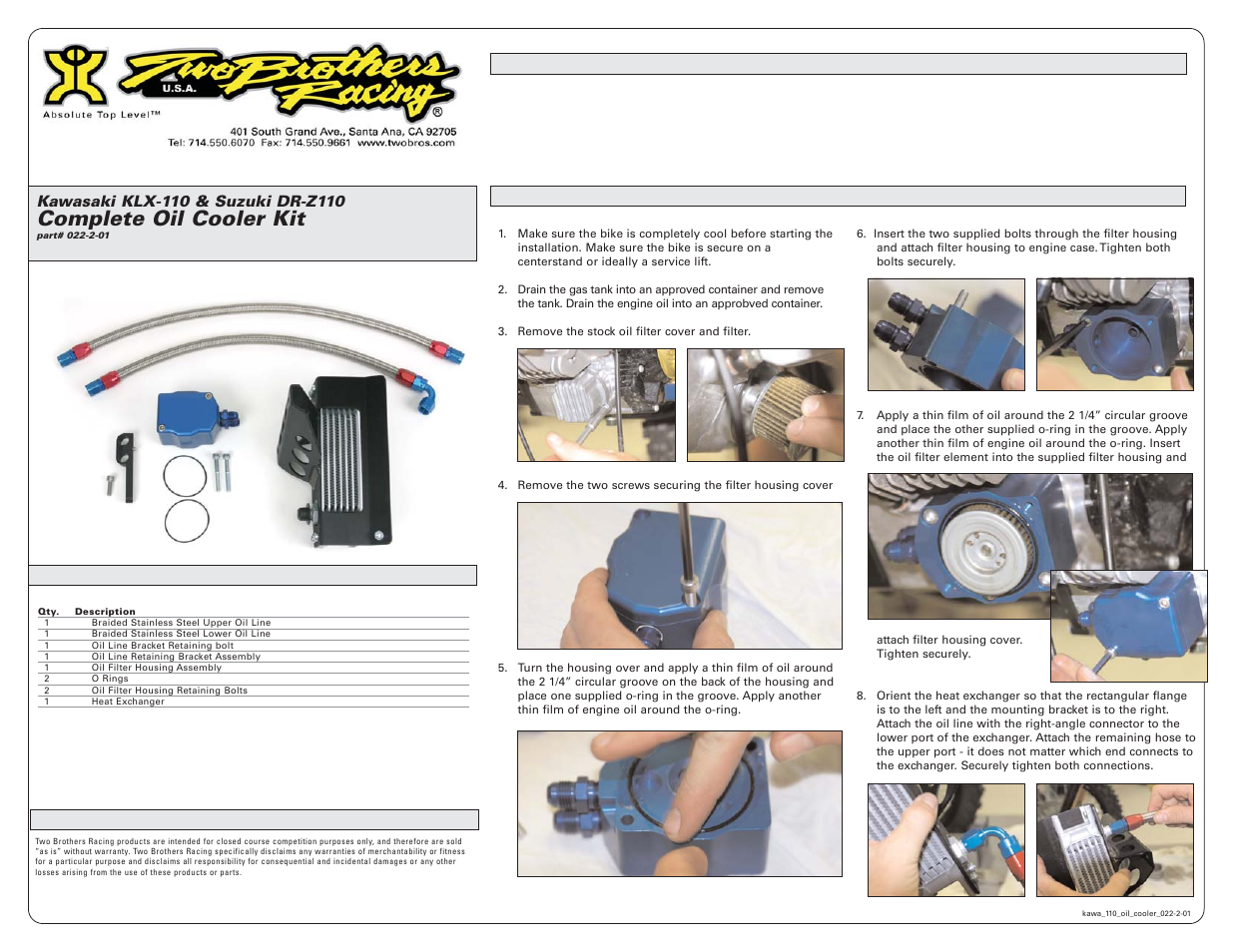 Two Brothers Racing Kawasaki DR-Z110 User Manual | 2 pages