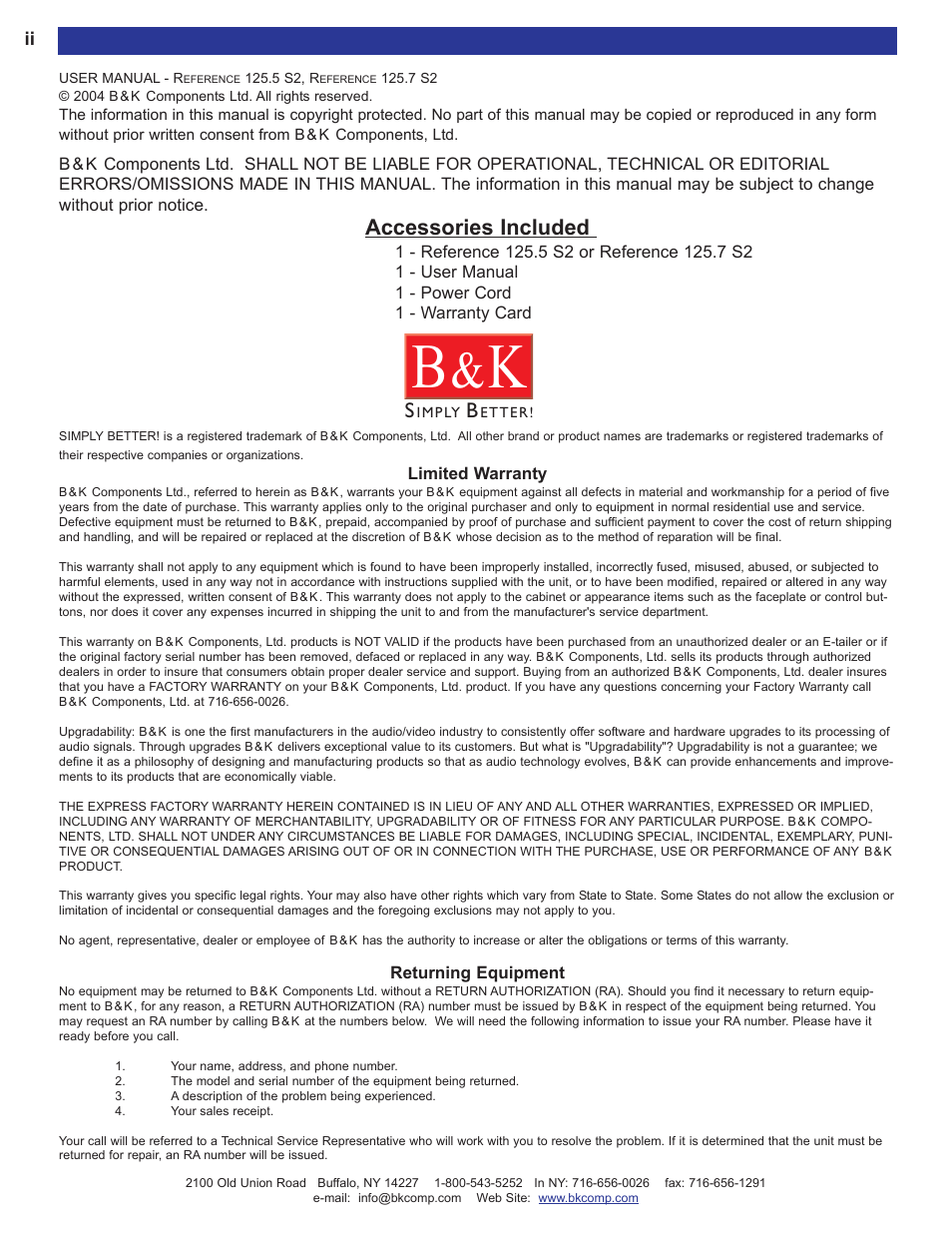 Accessories and warrarty, Accessories included | B&K FIVE OR SEVEN CHANNEL 125.5 S2 User Manual | Page 2 / 12