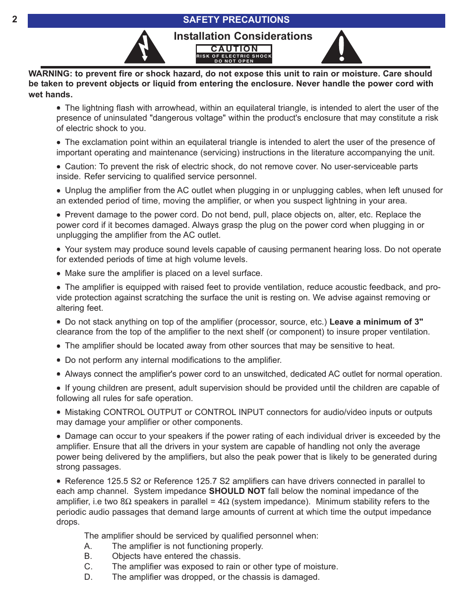 Safety precautions, Installation considerations | B&K FIVE OR SEVEN CHANNEL 125.5 S2 User Manual | Page 4 / 12