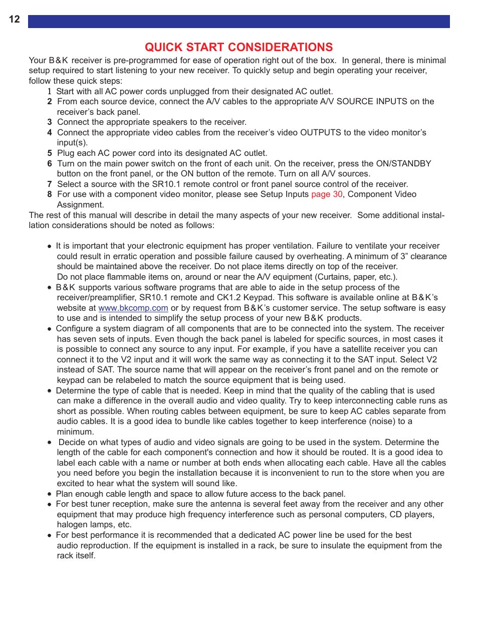 Quick start considerations, Hardware connections | B&K AVR515 User Manual | Page 14 / 64