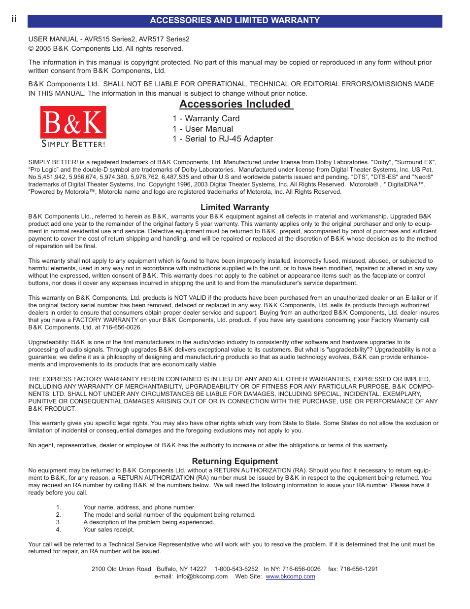 Accessories and limited warr, Accessories included | B&K AVR515 User Manual | Page 2 / 64