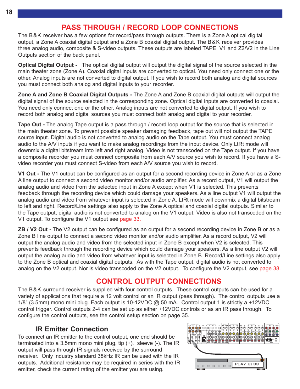 Pass through / record loop c, Control output connections, Ir emitter connection | Pass through / record loop connections, Or zone b recording, 12vdc 50 ma | B&K AVR515 User Manual | Page 20 / 64