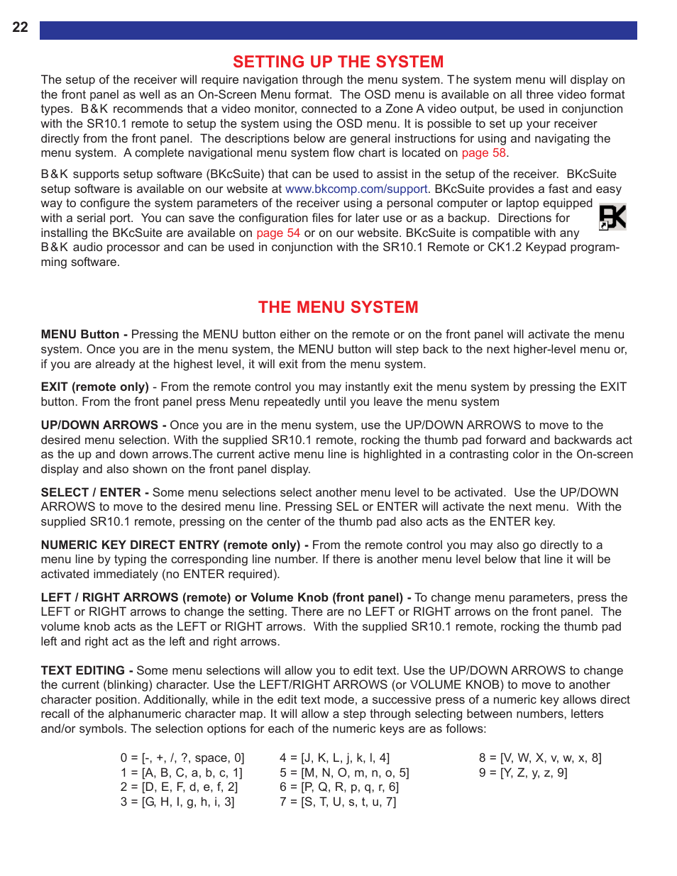 Setting up the system, The menu system | B&K AVR515 User Manual | Page 24 / 64