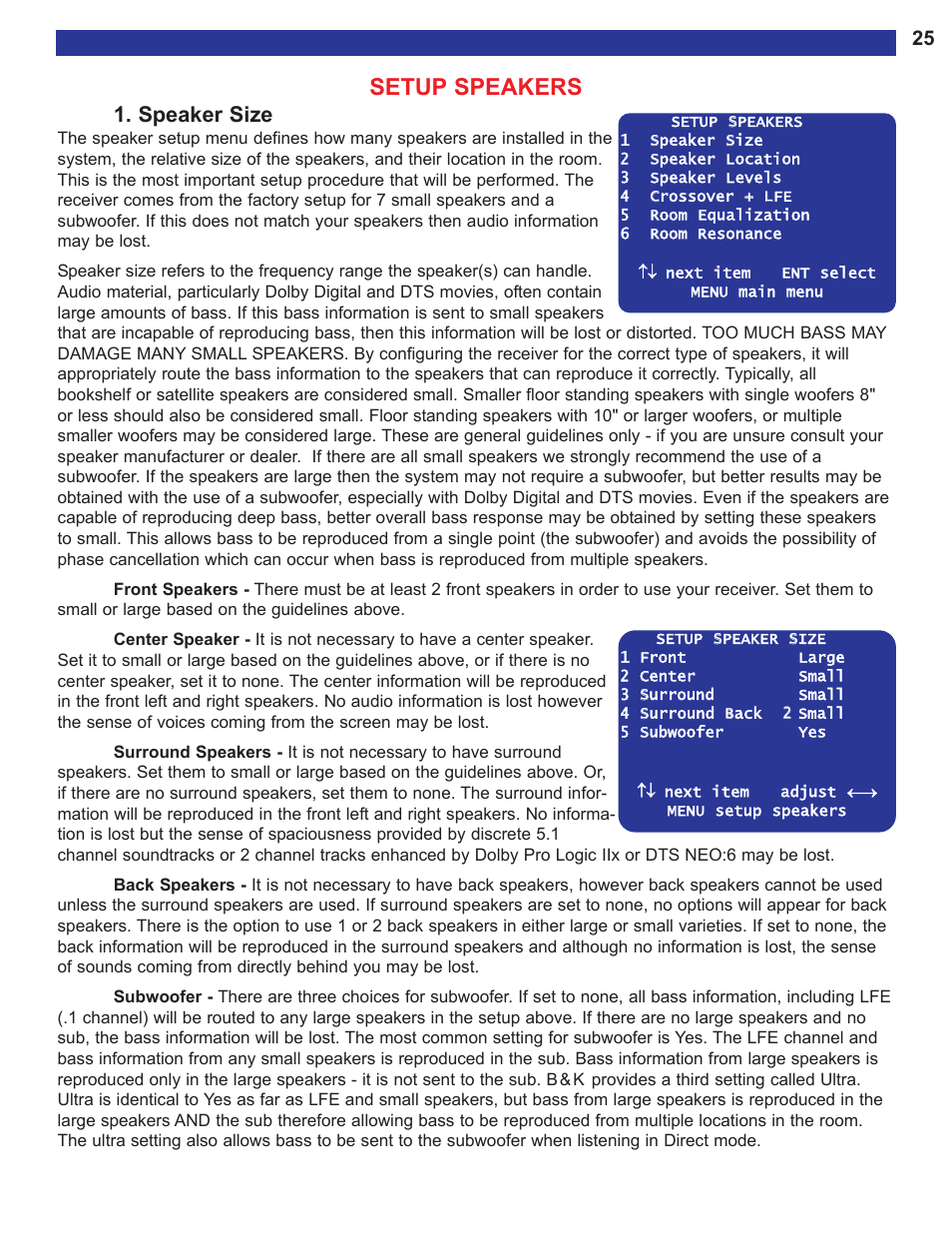 Setup speakers, Speaker size, Is selected. see | B&K AVR515 User Manual | Page 27 / 64