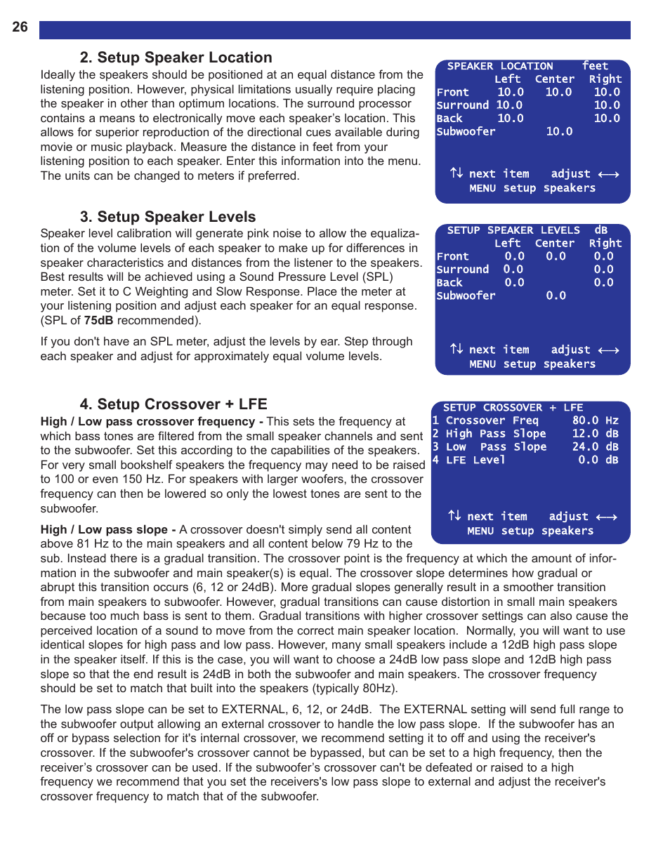 Setup speaker location, Setup speaker levels, Setup crossover + lfe | B&K AVR515 User Manual | Page 28 / 64