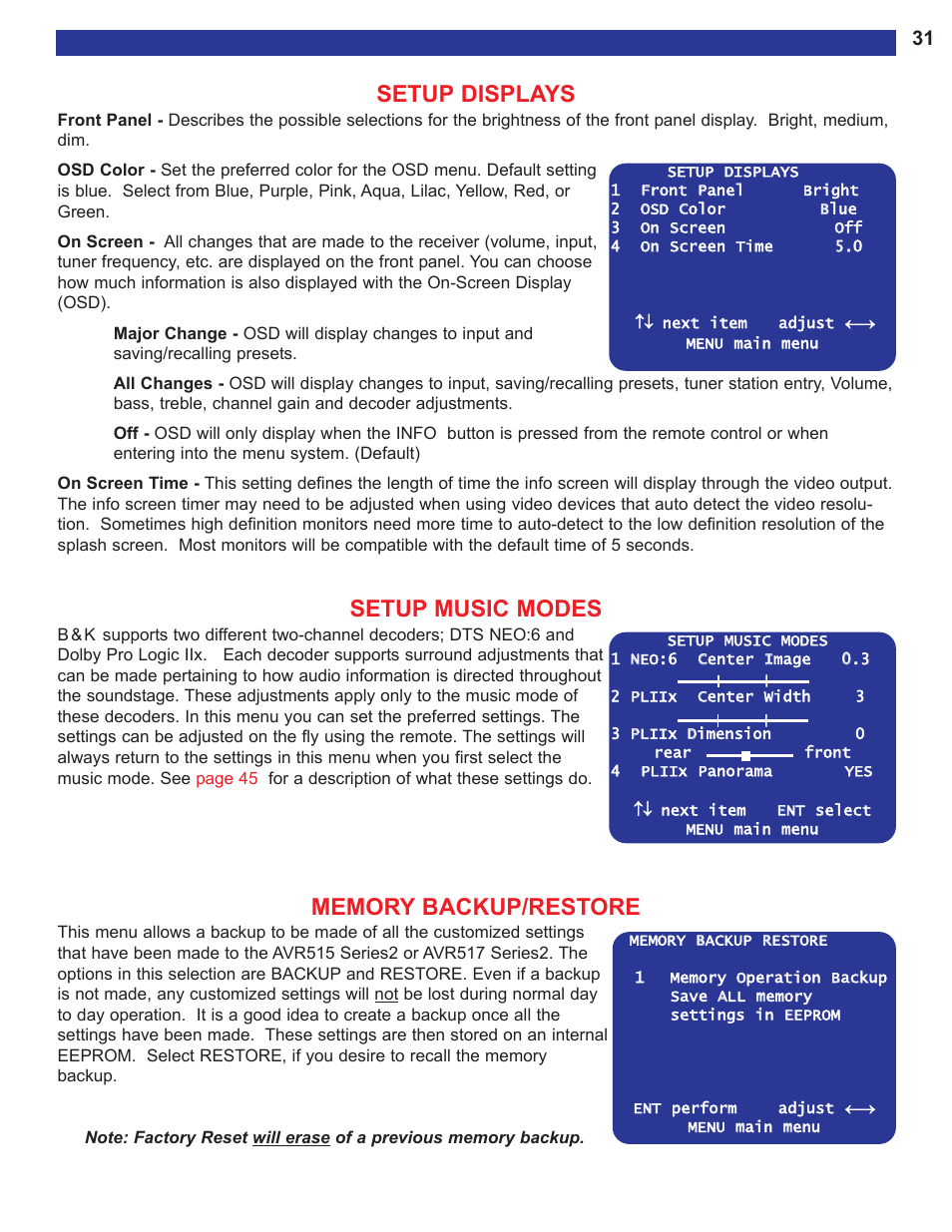 Setup displays, Setup music modes, Memory backup/restore | Display menu, see | B&K AVR515 User Manual | Page 33 / 64