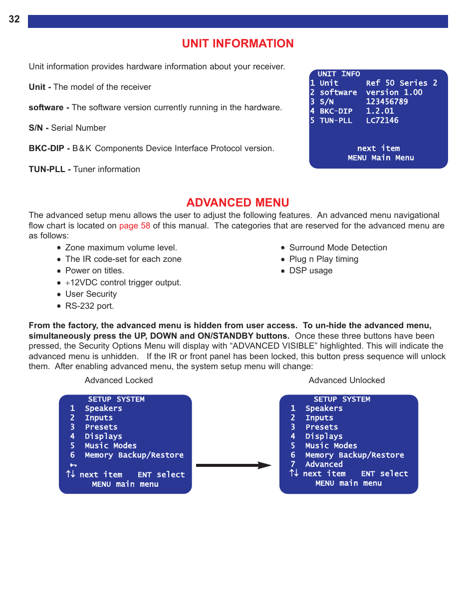 Unit information, Advanced menu, Ideo monitor connection | B&K AVR515 User Manual | Page 34 / 64