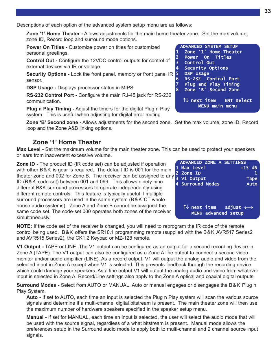 Zone ‘1’ home theater, Configure the v1 output see, Age 33 | B&K AVR515 User Manual | Page 35 / 64