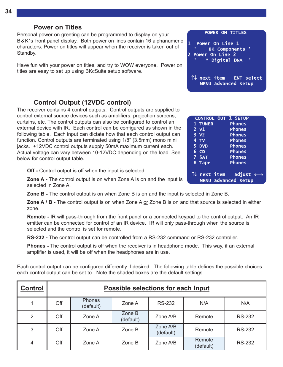 Power on titles, Control output (12vdc control), Control possible selections for each input | B&K AVR515 User Manual | Page 36 / 64