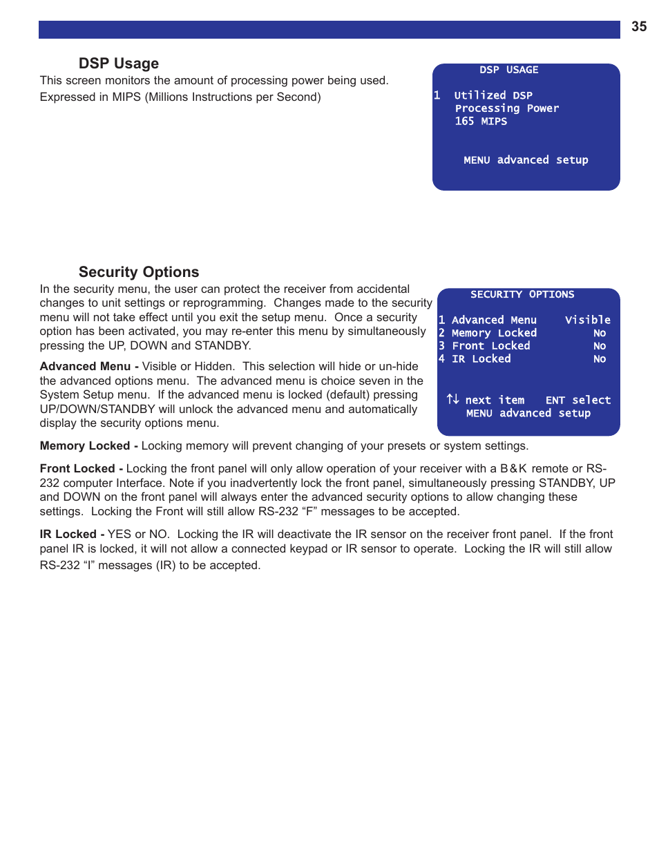 Dsp usage, Security options | B&K AVR515 User Manual | Page 37 / 64