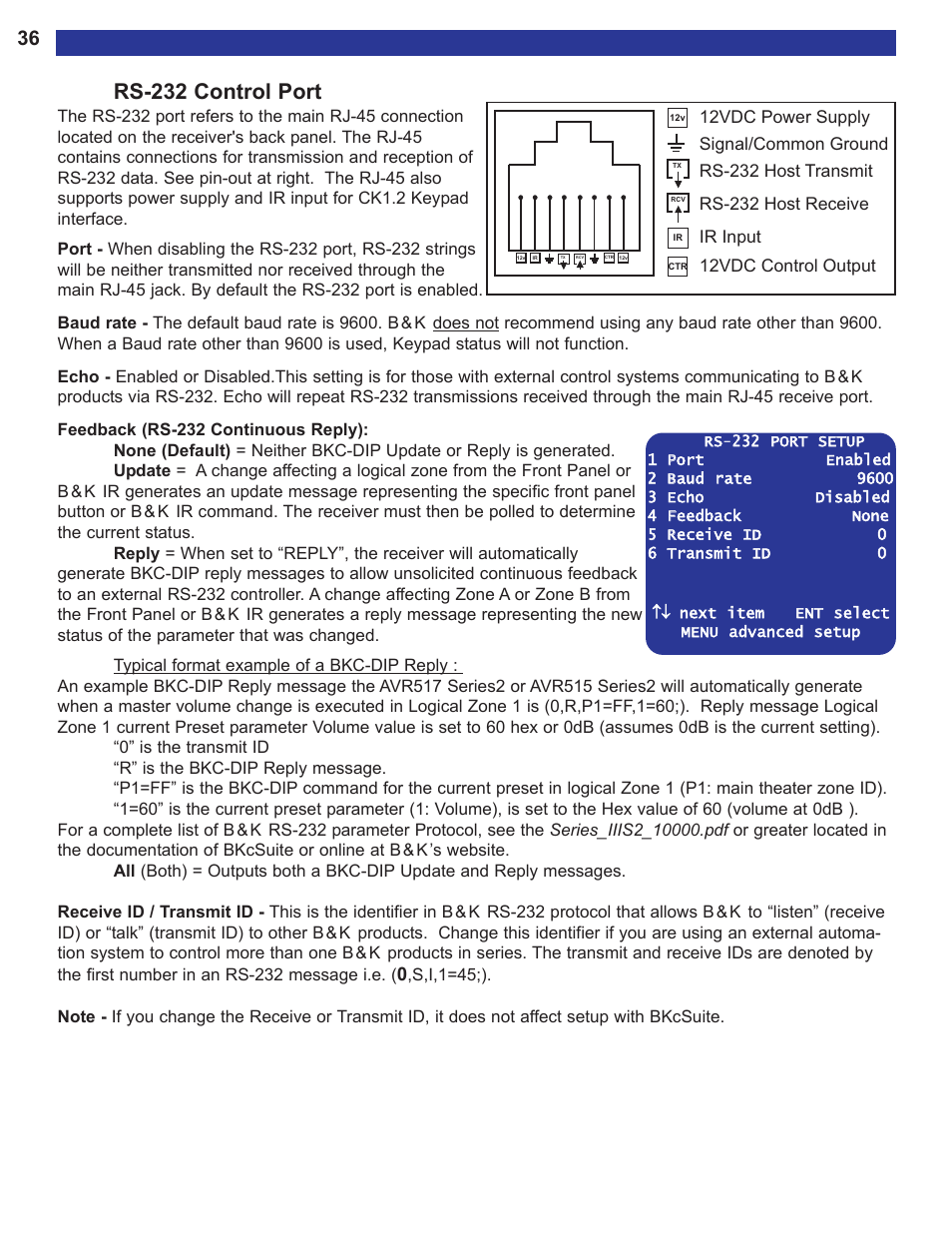 Rs-232 control port, Ad can also be connected to the rj-45 jack | B&K AVR515 User Manual | Page 38 / 64