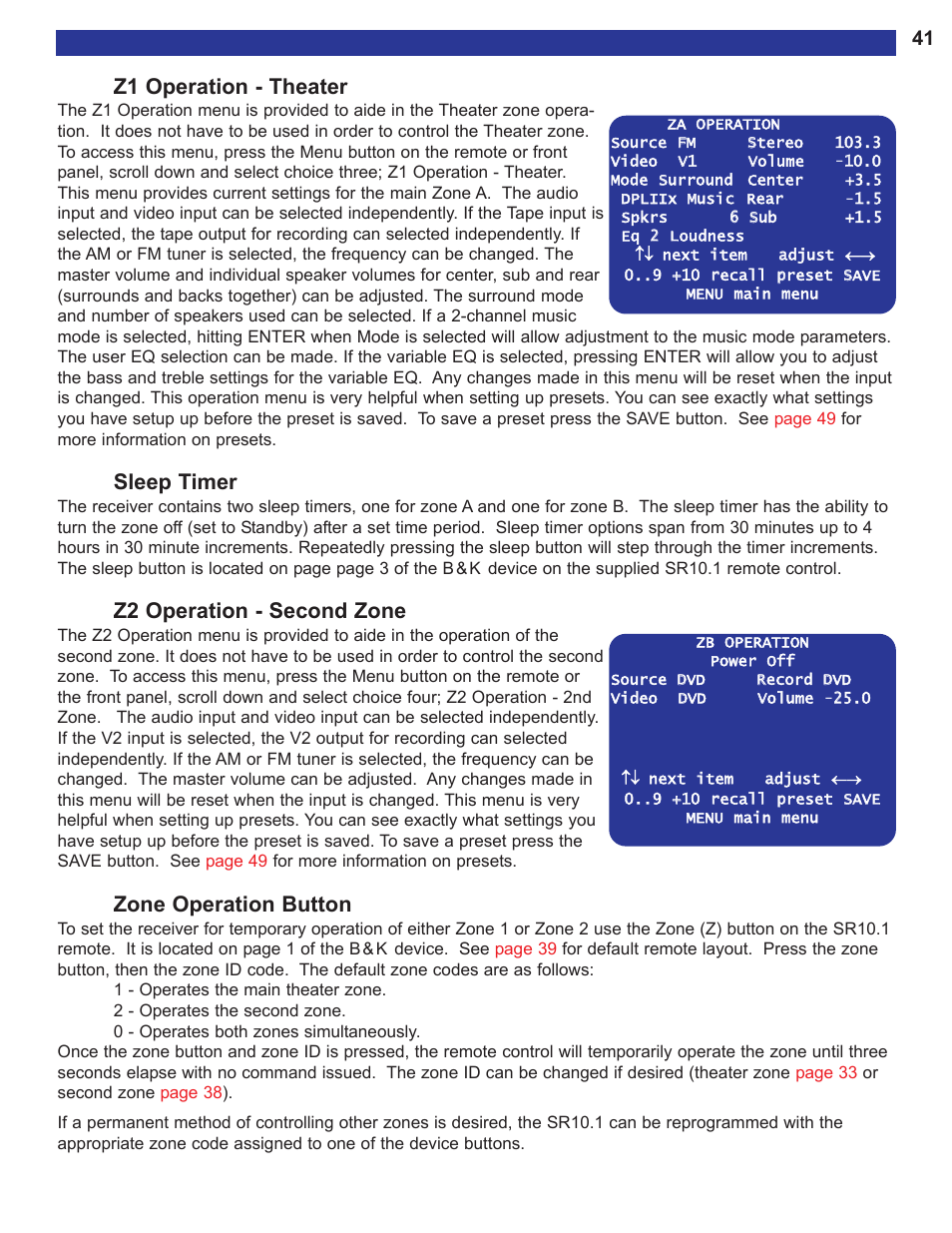 Z1 operation - theater, Sleep timer, Z2 operation - second zone | Zone operation button | B&K AVR515 User Manual | Page 43 / 64